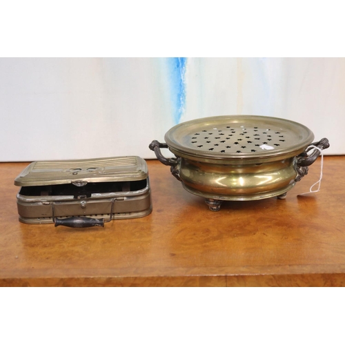 5036 - French brass fish smoker along with a brass warmer, approx 21cm Dia and smaller (2)