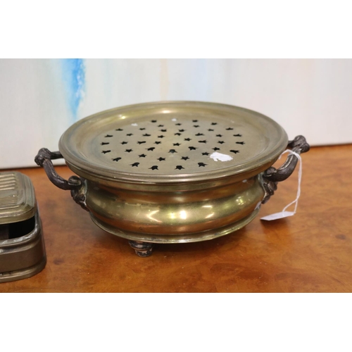 5036 - French brass fish smoker along with a brass warmer, approx 21cm Dia and smaller (2)