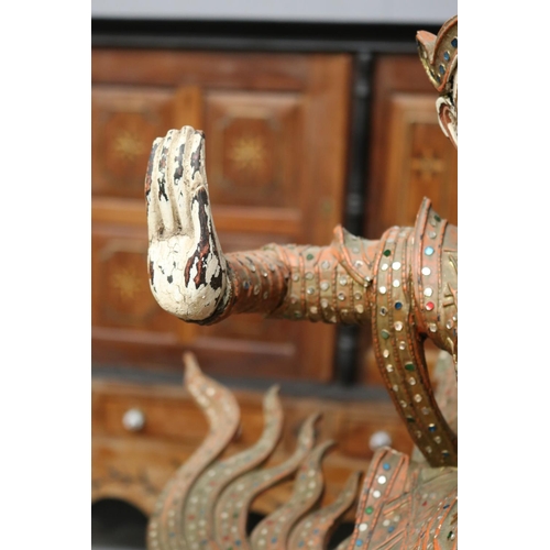 5046 - Large pair of Thai or South East Asian dancing figures, roof or temple finials, each painted carved ... 