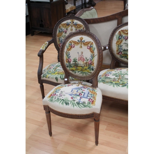 5053 - Antique French walnut Louis XVI style salon suite, with later wool work upholstery, settee approx 93... 