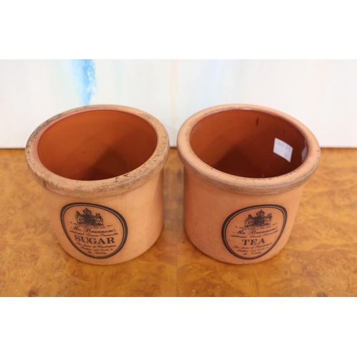5069 - Two Mr Brannams terracotta pots, Tea and Sugar,  each approx 11cm H x 12cm Dia (2)