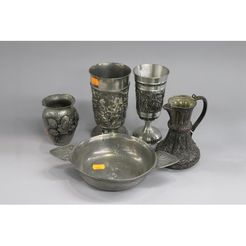 5083 - Antique embossed jug along with Pewter and white metal - tasse a vin, goblet and vase, approx 17cm H... 