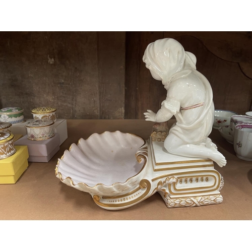 5085 - Antique Copeland figural shell dish with boy by a fire, approx 25cm H x 27cm W
