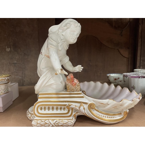 5085 - Antique Copeland figural shell dish with boy by a fire, approx 25cm H x 27cm W
