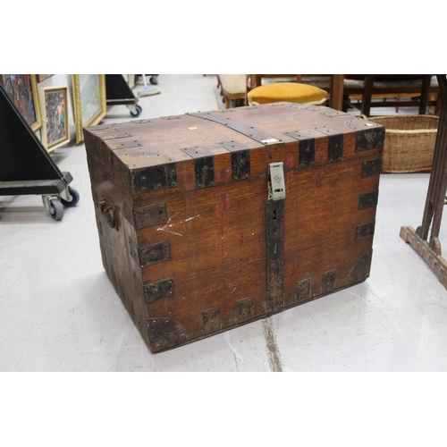 5096 - Antique Victorian iron bound oak trunk, with fitted interior to hold silver, showing signs of old se... 