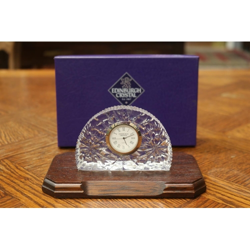 5100 - Boxed Edinburgh crystal clock, unknown working order, face is loose, approx 9cm H (including stand) ... 