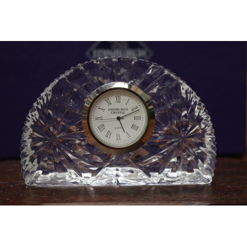 5100 - Boxed Edinburgh crystal clock, unknown working order, face is loose, approx 9cm H (including stand) ... 
