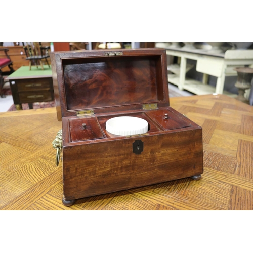 5103 - Antique English tea caddy, lion mask handles, replacement bowl, approx 22cm H x 34cm W x 20 cm D