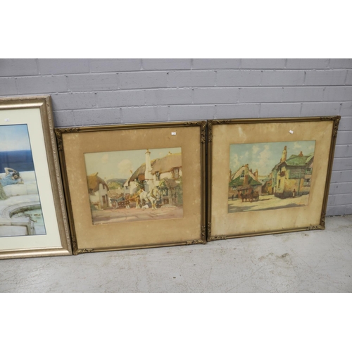 346 - Three decorative coloured prints of English villages & two prints after Alma Tadema (5)