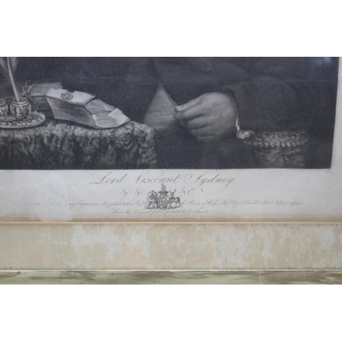 347 - Antique mezzotint of Lord Viscount Sydney, after Gilbert Stuart, approx 44cm x 34cm & frame 74cm x 6... 
