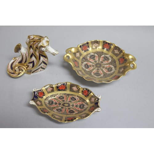355 - Royal Crown Derby seahorse and two dishes, approx 10cm H & shorter (3)