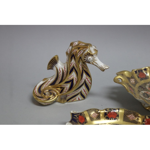 355 - Royal Crown Derby seahorse and two dishes, approx 10cm H & shorter (3)