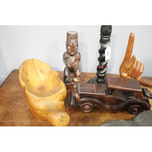 5107 - Assortment of carved wood objects, approx 26cm H & shorter