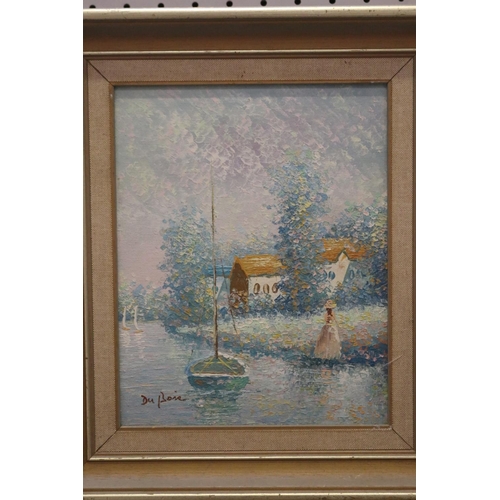 5120 - River scene by Du Boie, painting, signed lower left, approx 24cm x 19cm
