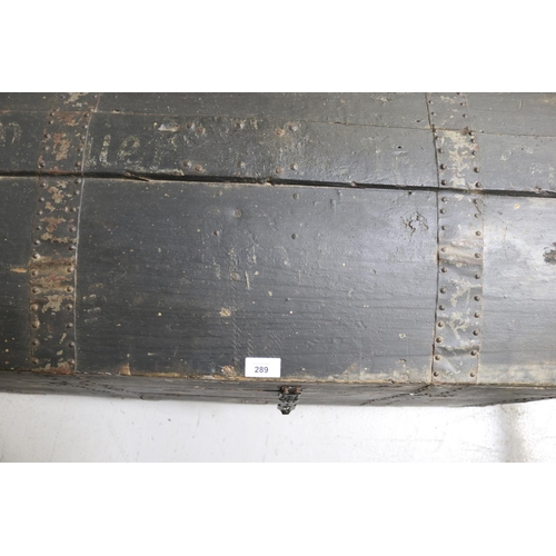 5122 - Antique metal bound painted pine trunk, approx 57cm H x 98cm W x 53cm D