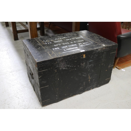 5123 - Antique Victorian iron bound pine trunk, with L Maxwell Cox & Kings of London, approx 47cm H x 78cm ... 