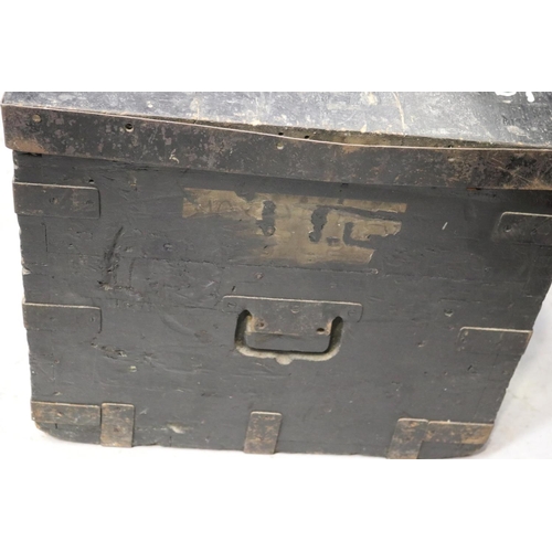 5123 - Antique Victorian iron bound pine trunk, with L Maxwell Cox & Kings of London, approx 47cm H x 78cm ... 