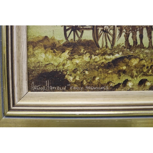 5126 - Arthur Hamblin, early beginnings, oil on board, approx 19cm x 24cm