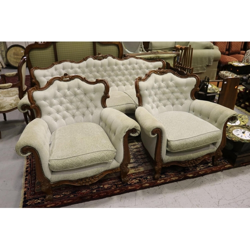 5133 - Three piece rococo revival style suite, settee & arm chairs, settee approx 199cm L (3)