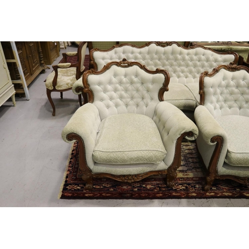 5133 - Three piece rococo revival style suite, settee & arm chairs, settee approx 199cm L (3)