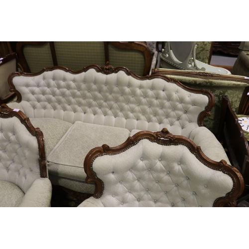 5133 - Three piece rococo revival style suite, settee & arm chairs, settee approx 199cm L (3)