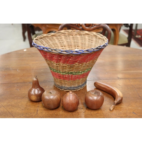 5141 - Carved wood fruits in a vintage basket, approx 21cm H x 31cm Dia and smaller