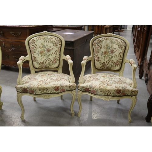 5160 - Pair of French cream painted armchairs with brocade upholstery, each approx 87cm H x 60cm W x 52cm D... 