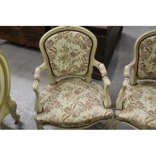 5160 - Pair of French cream painted armchairs with brocade upholstery, each approx 87cm H x 60cm W x 52cm D... 