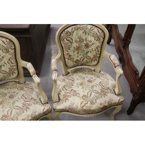 5160 - Pair of French cream painted armchairs with brocade upholstery, each approx 87cm H x 60cm W x 52cm D... 