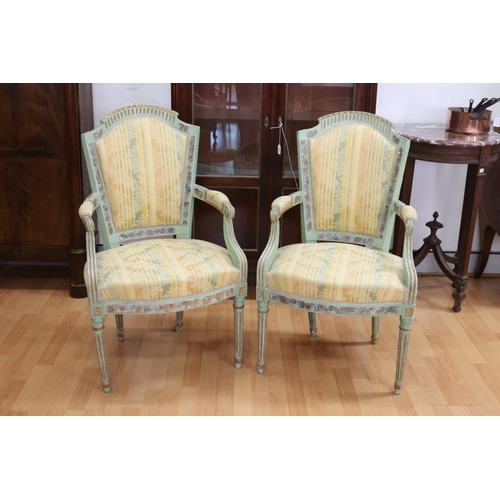 5167 - Pair of antique French Louis XVI style armchairs, repainted & showing considerable age, each approx ... 