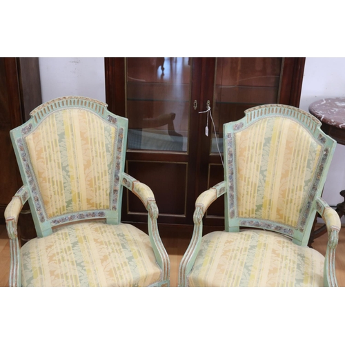 5167 - Pair of antique French Louis XVI style armchairs, repainted & showing considerable age, each approx ... 