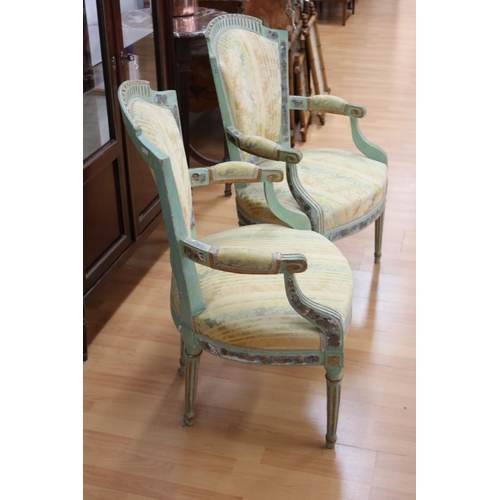 5167 - Pair of antique French Louis XVI style armchairs, repainted & showing considerable age, each approx ... 