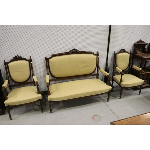 5174 - Antique French carved walnut Louis XVI style suite, comprising a settee and pair of armchairs, missi... 