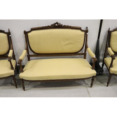 5174 - Antique French carved walnut Louis XVI style suite, comprising a settee and pair of armchairs, missi... 