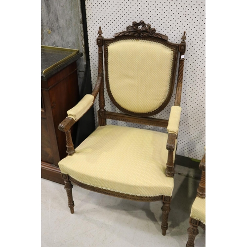 5174 - Antique French carved walnut Louis XVI style suite, comprising a settee and pair of armchairs, missi... 