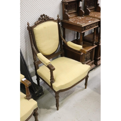 5174 - Antique French carved walnut Louis XVI style suite, comprising a settee and pair of armchairs, missi... 