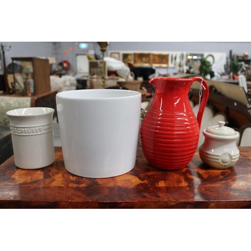 5175 - Lot of kitchenware to include red jug, etc, some marked le creuset, approx 24cm H and shorter