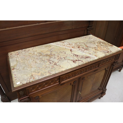 5178 - Antique French Louis XV style marble topped buffet, approx 102cm H x 130cm W x 59cm D
