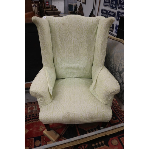 5180 - English armchair with white and green upholstery, AF to foot, castor in office (B13460-3-78), approx... 