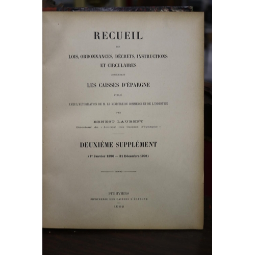 5184 - Four French books, Recueil Des Lois Concernant Des Caisses D'Epargne vol 1, 3, 6, one badly damaged ... 