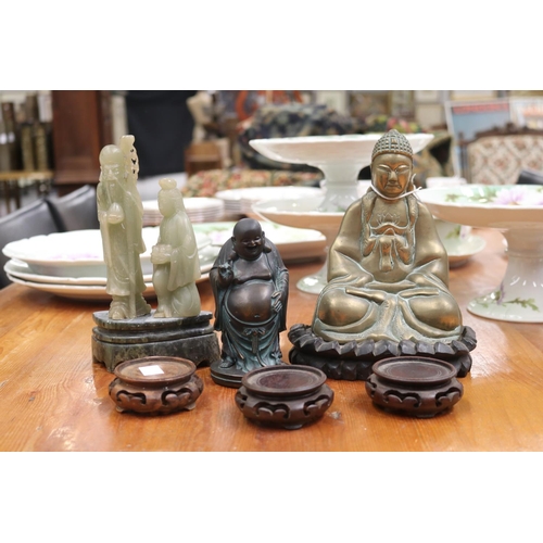 5185 - Selection of Oriental items, to include soap stone figures mounted, brass Japanese seated Buddha, th... 