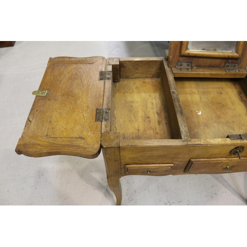 5198 - Antique French oak dressing table, likely 18th century, with slide up mirror section to central pane... 