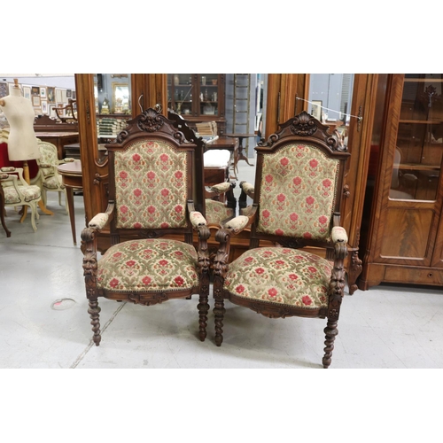 5203 - Pair of antique French high back armchairs, each approx 122cm H x 62cm W x 56cm D (2)