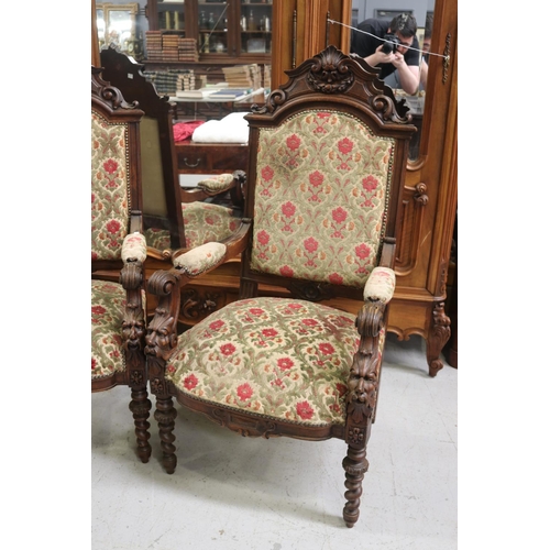 5203 - Pair of antique French high back armchairs, each approx 122cm H x 62cm W x 56cm D (2)