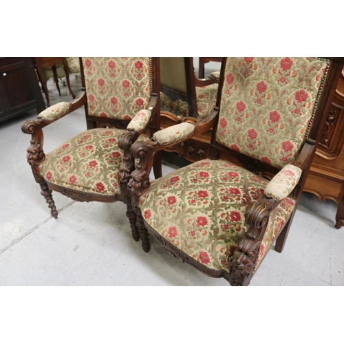 5203 - Pair of antique French high back armchairs, each approx 122cm H x 62cm W x 56cm D (2)