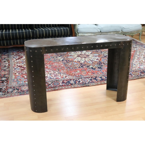 5206 - Industrial design rivetted iron console table, approx 76cm H x 120cm W x 36cm D