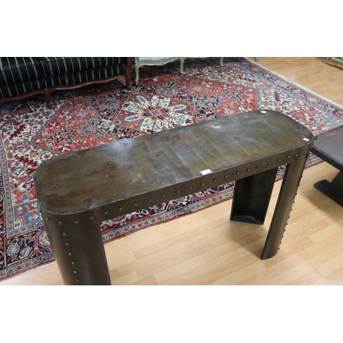 5206 - Industrial design rivetted iron console table, approx 76cm H x 120cm W x 36cm D