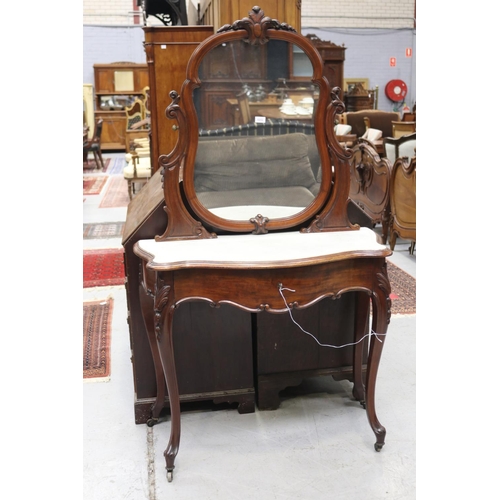 5209 - Antique French Louis XV style marble topped mirrored back dressing table, approx 151cm H x 97cm W x ... 