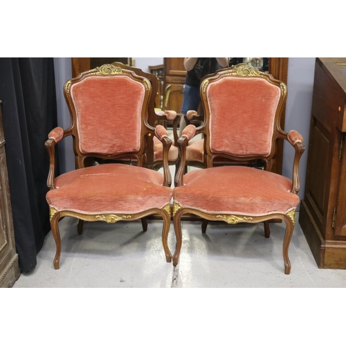 5212 - Pair of antique French walnut Louis XV style armchairs with gilt highlights, each approx 95cm H x 63... 