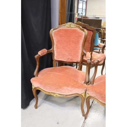 5212 - Pair of antique French walnut Louis XV style armchairs with gilt highlights, each approx 95cm H x 63... 